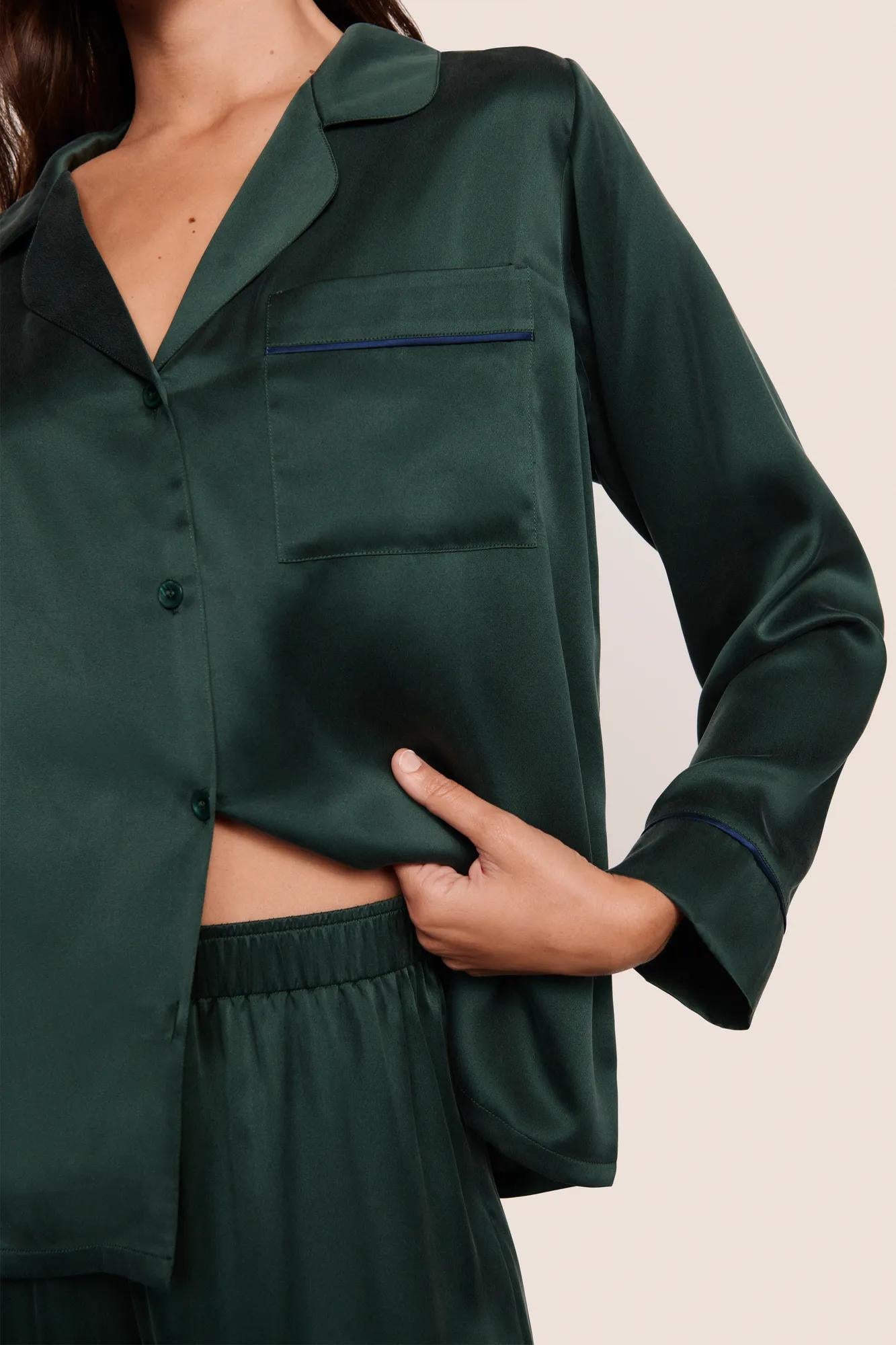 Model is wearing Inez Washable Silk Long PJ Set  in Pine/Navy