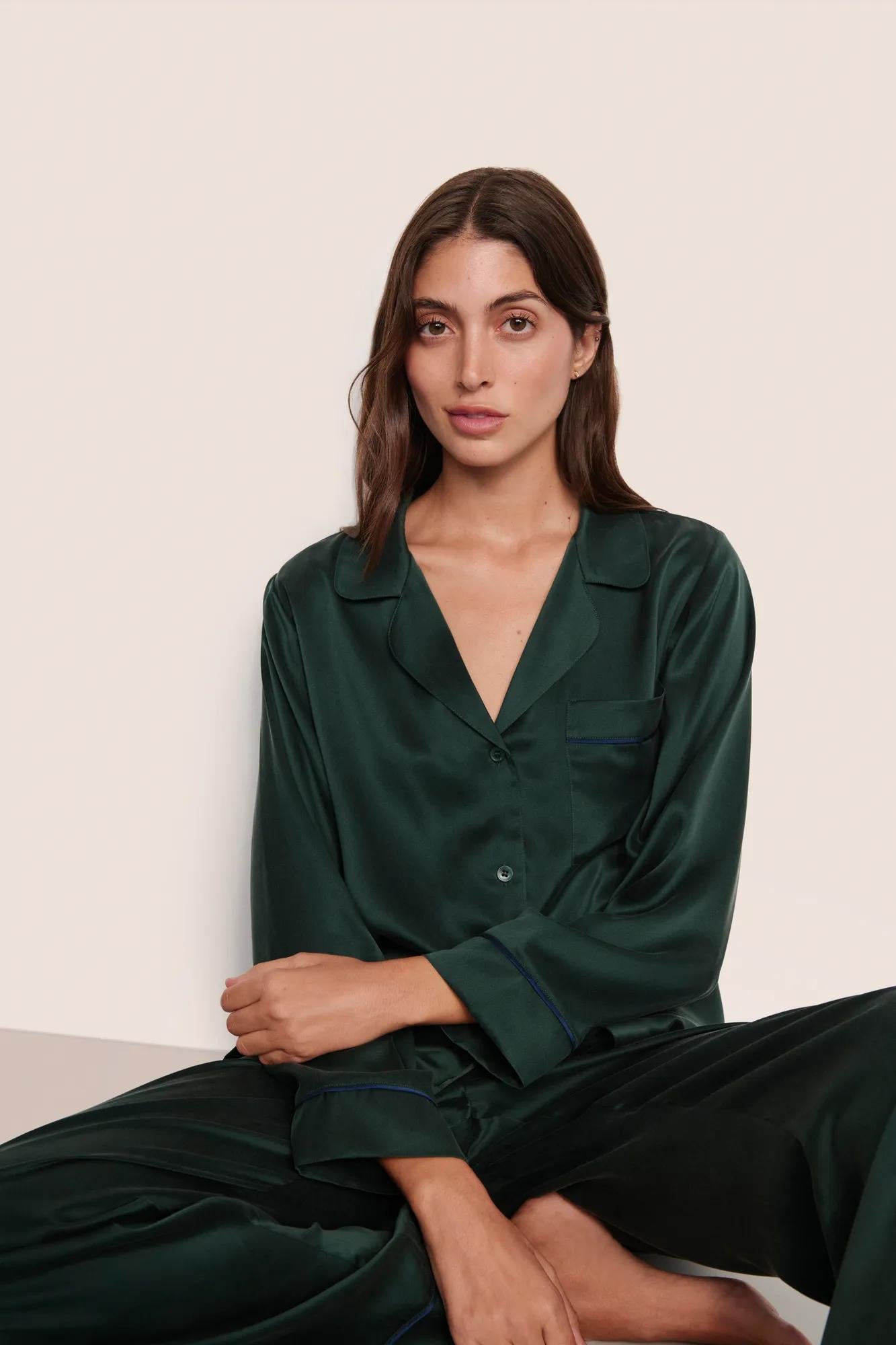 Model is wearing Inez Washable Silk Long PJ Set  in Pine/Navy