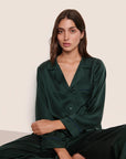 Model is wearing Inez Washable Silk Long PJ Set  in Pine/Navy