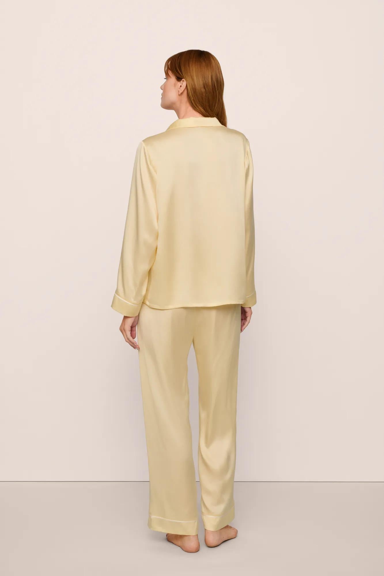 Model is wearing Inez Washable Silk Long PJ Set in  Sunshine/White