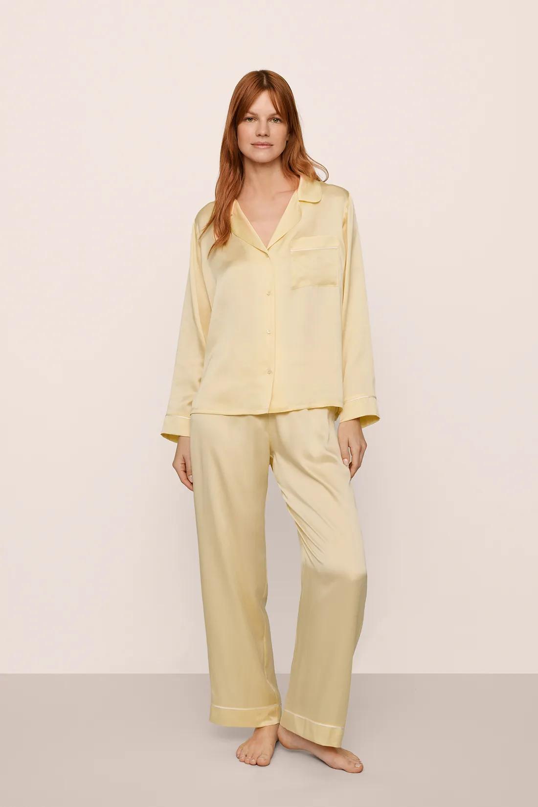 Model is wearing Inez Washable Silk Long PJ Set in  Sunshine/White