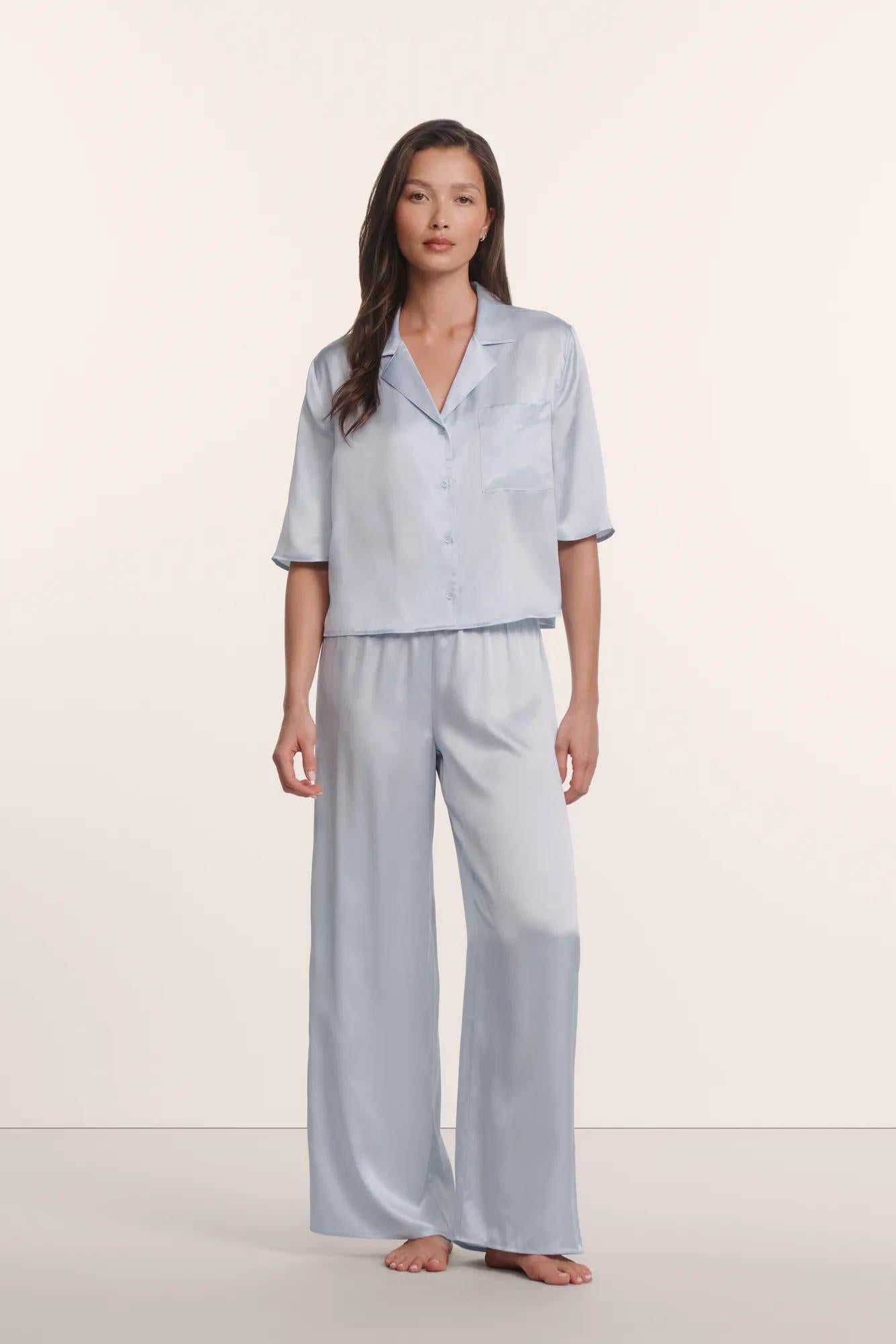 Model is wearing Inez Washable Silk Jacquard Relaxed Wide Leg Pant PJ Set in Powder Blue