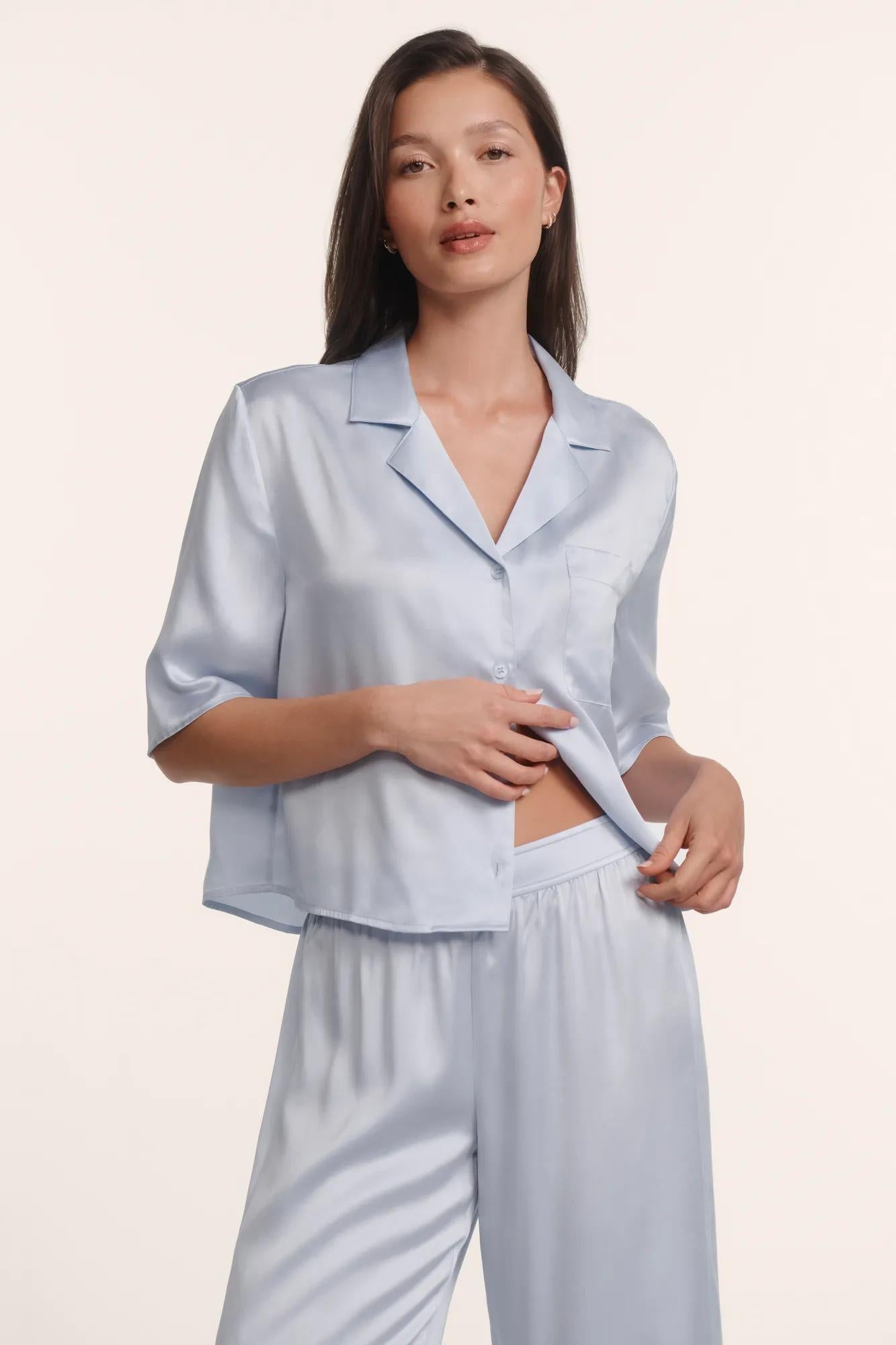 Model is wearing Inez Washable Silk Jacquard Relaxed Wide Leg Pant PJ Set in Powder Blue