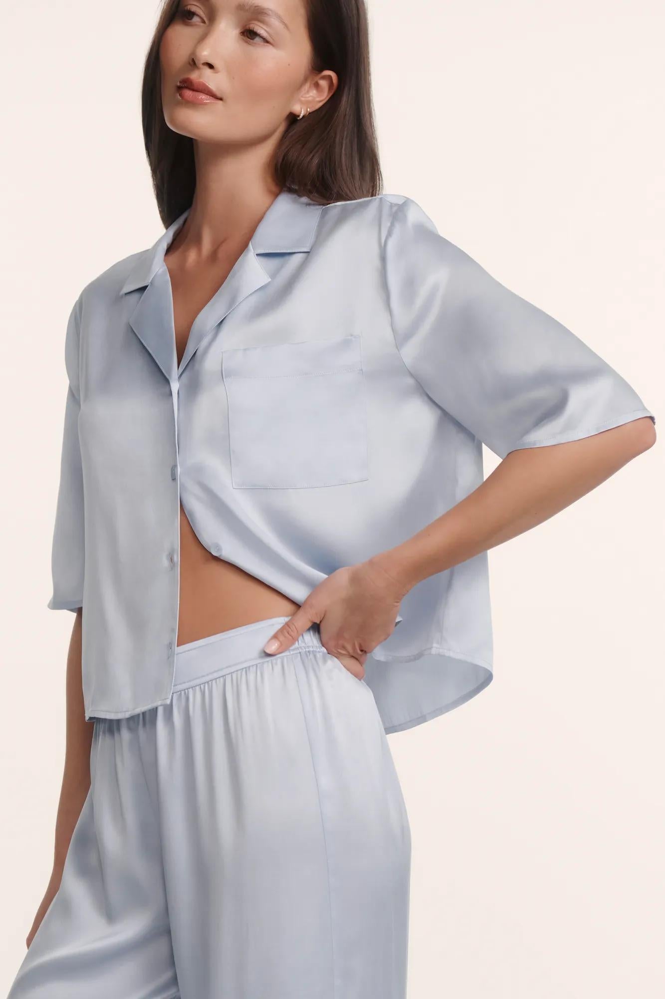 Model is wearing Inez Washable Silk Jacquard Relaxed Wide Leg Pant PJ Set in Powder Blue