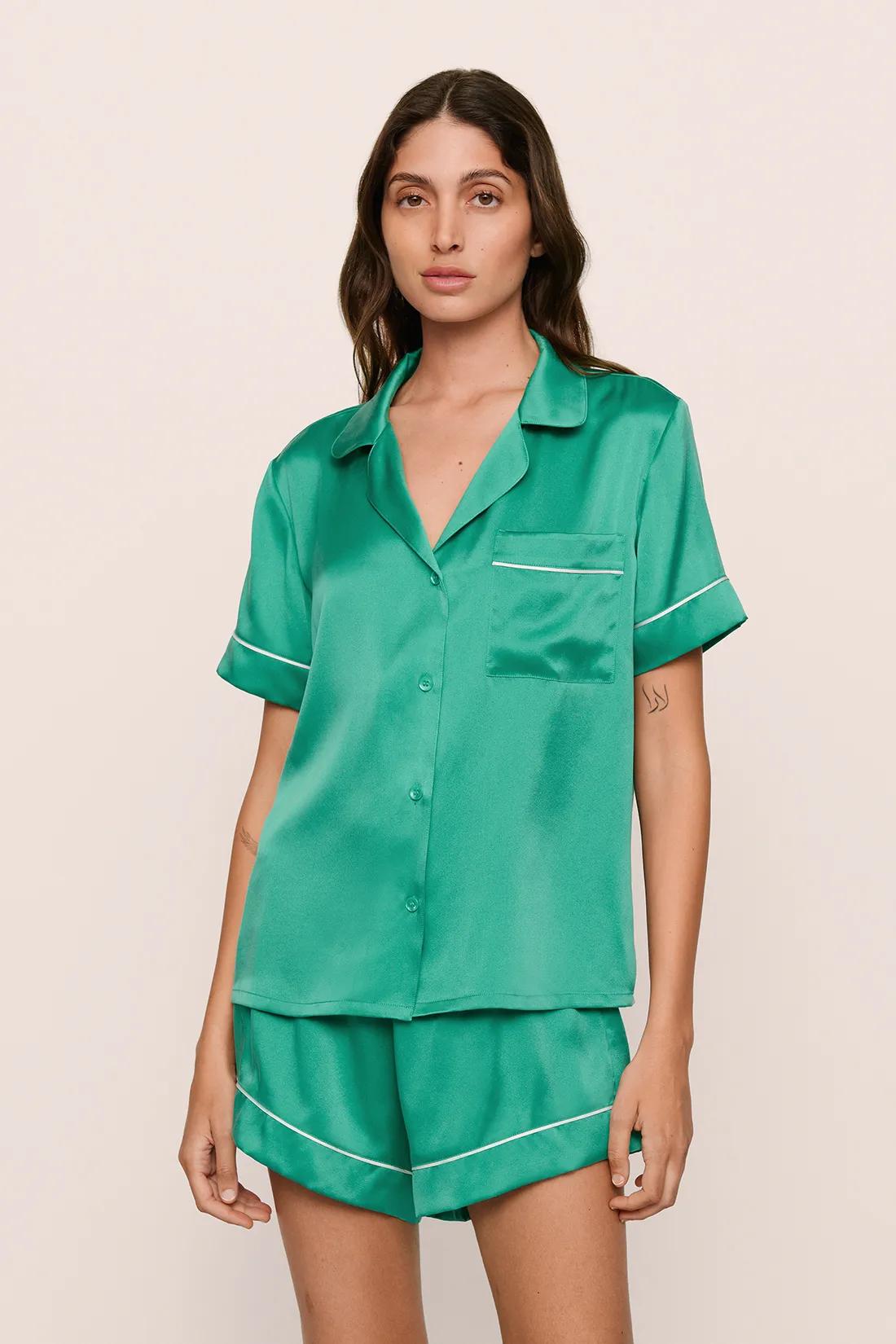 Model is wearing Inez Washable Silk Short PJ Set in  Oasis Green/White