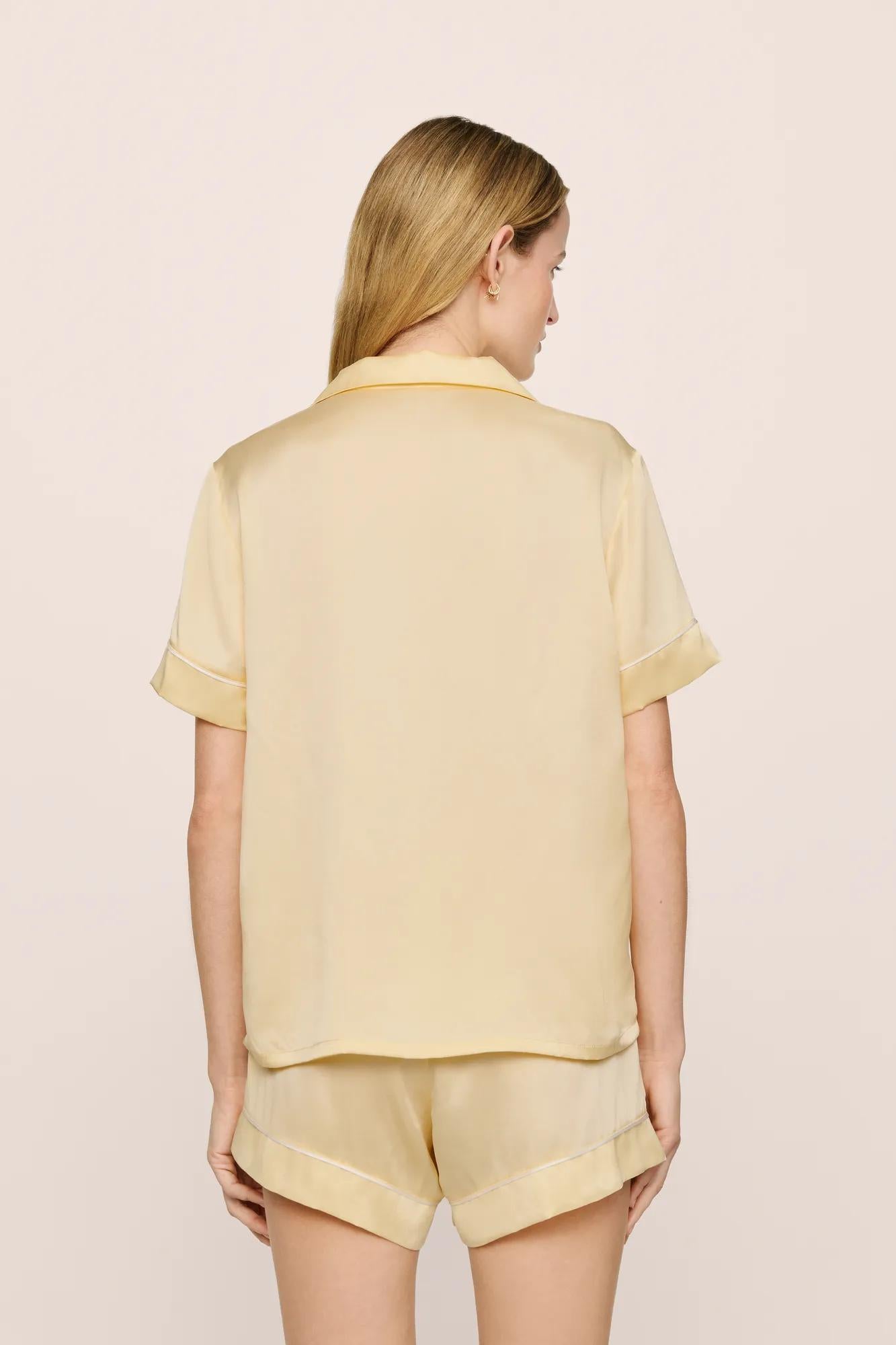 Model is wearing Inez Washable Silk Short PJ Set in  Sunshine/White