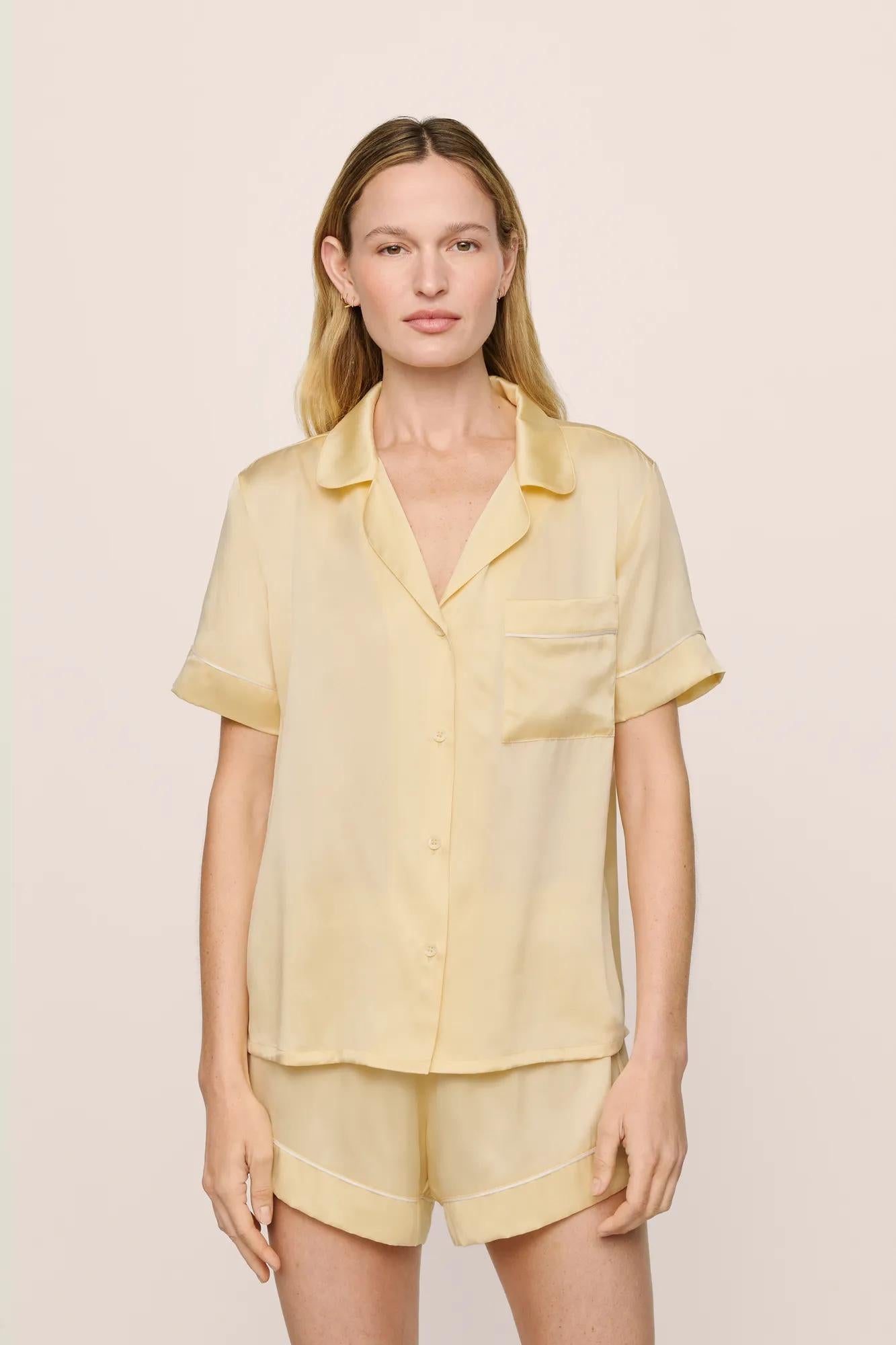 Model is wearing Inez Washable Silk Short PJ Set in  Sunshine/White