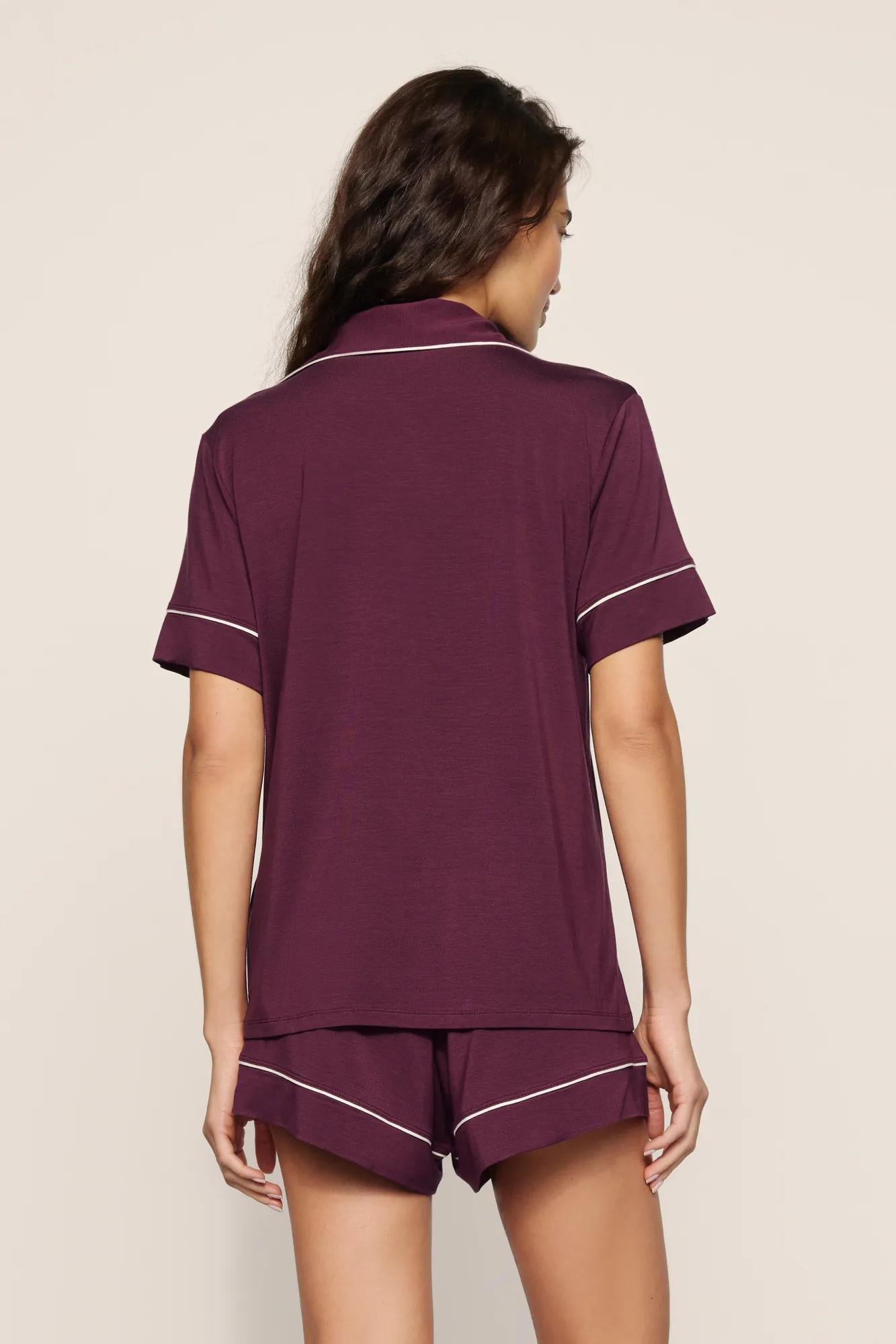 Model is wearing Gisele TENCEL™ Modal Relaxed Short PJ Set in Wildberry/Ivory