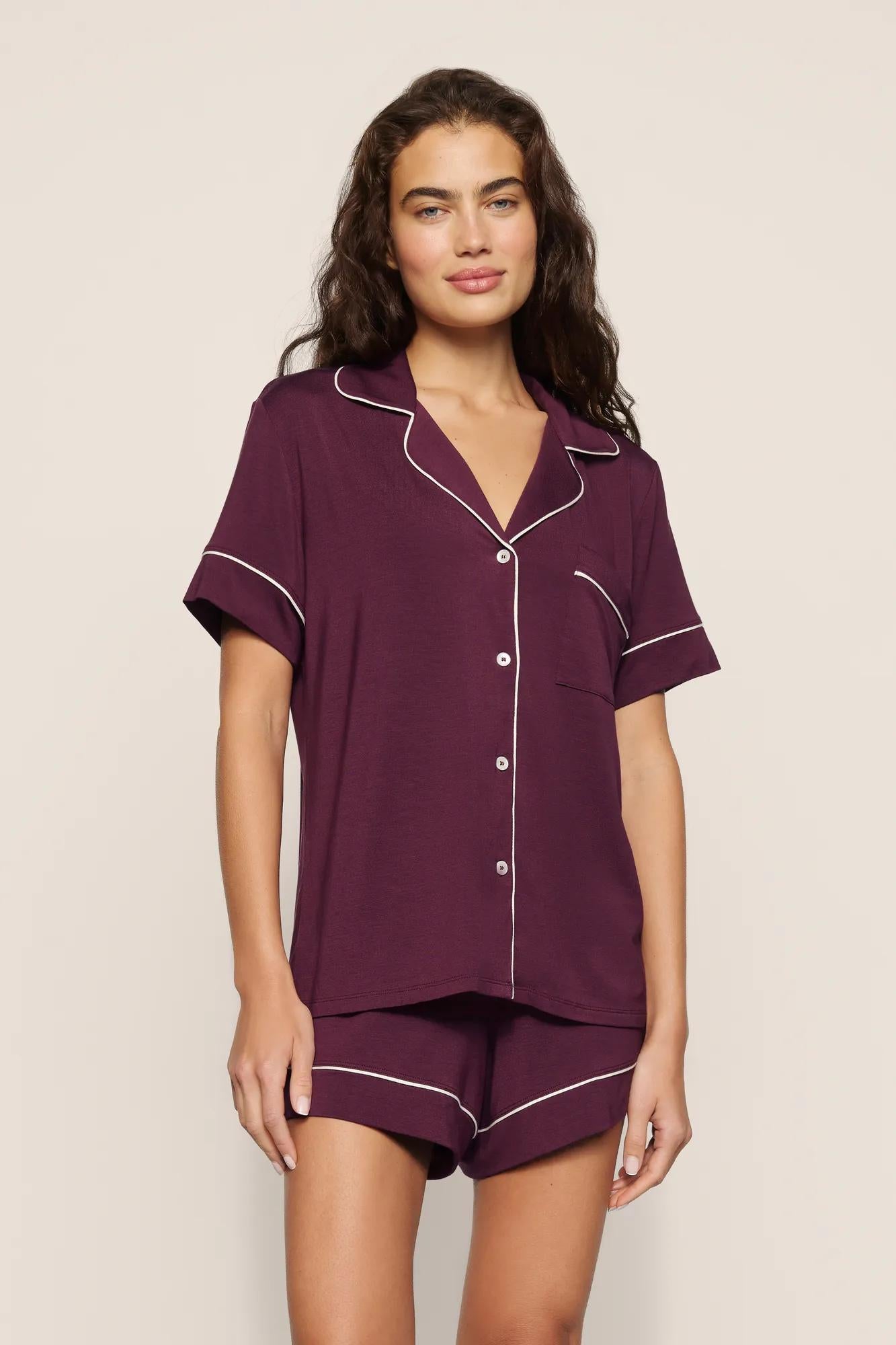Model is wearing Gisele TENCEL™ Modal Relaxed Short PJ Set in Wildberry/Ivory