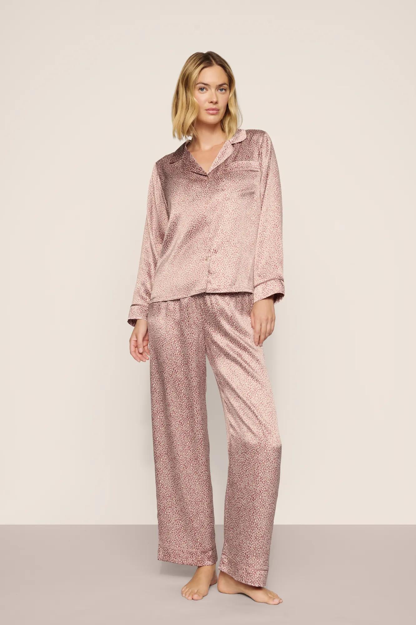 Model is wearing Inez Washable Silk Printed Long PJ Set in Animal Instinct Woodrose/Woodr
