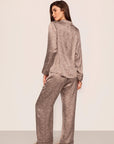Model is wearing Inez Washable Silk Printed Long PJ Set in Animal Instinct Deep Taupe/Chocolate