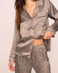 Model is wearing Inez Washable Silk Printed Long PJ Set in Animal Instinct Deep Taupe/Chocolate