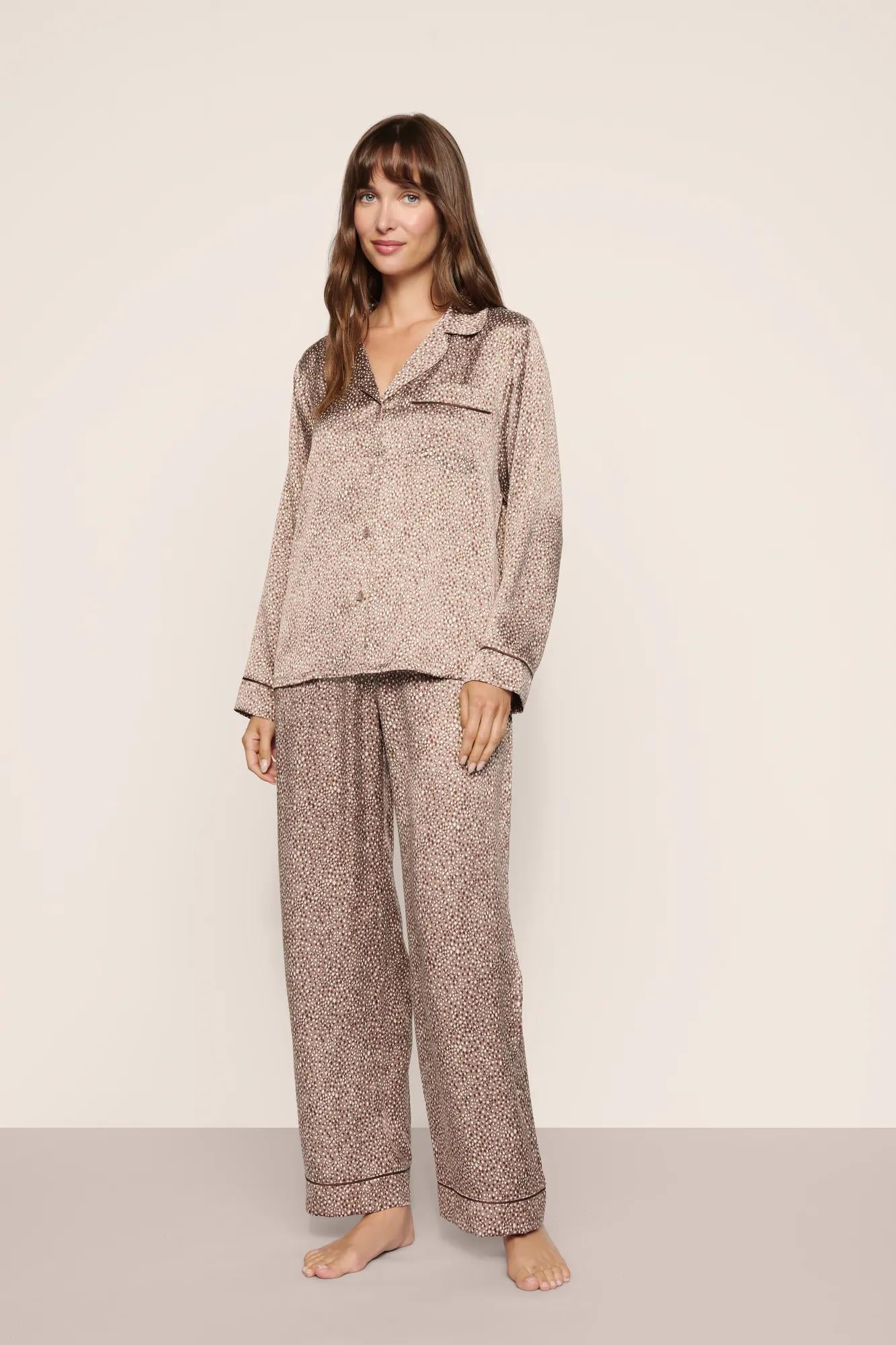 Model is wearing Inez Washable Silk Printed Long PJ Set in Animal Instinct Deep Taupe/Cho