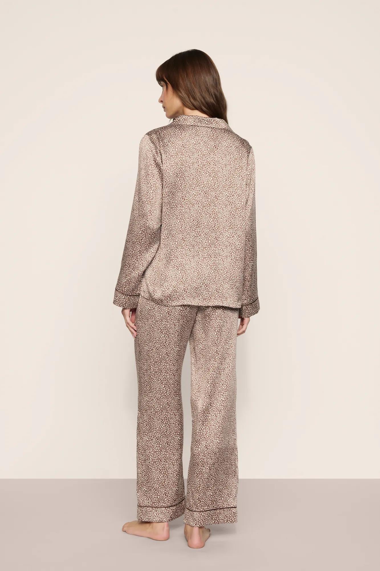 Model is wearing Inez Washable Silk Printed Long PJ Set in Animal Instinct Deep Taupe/Cho