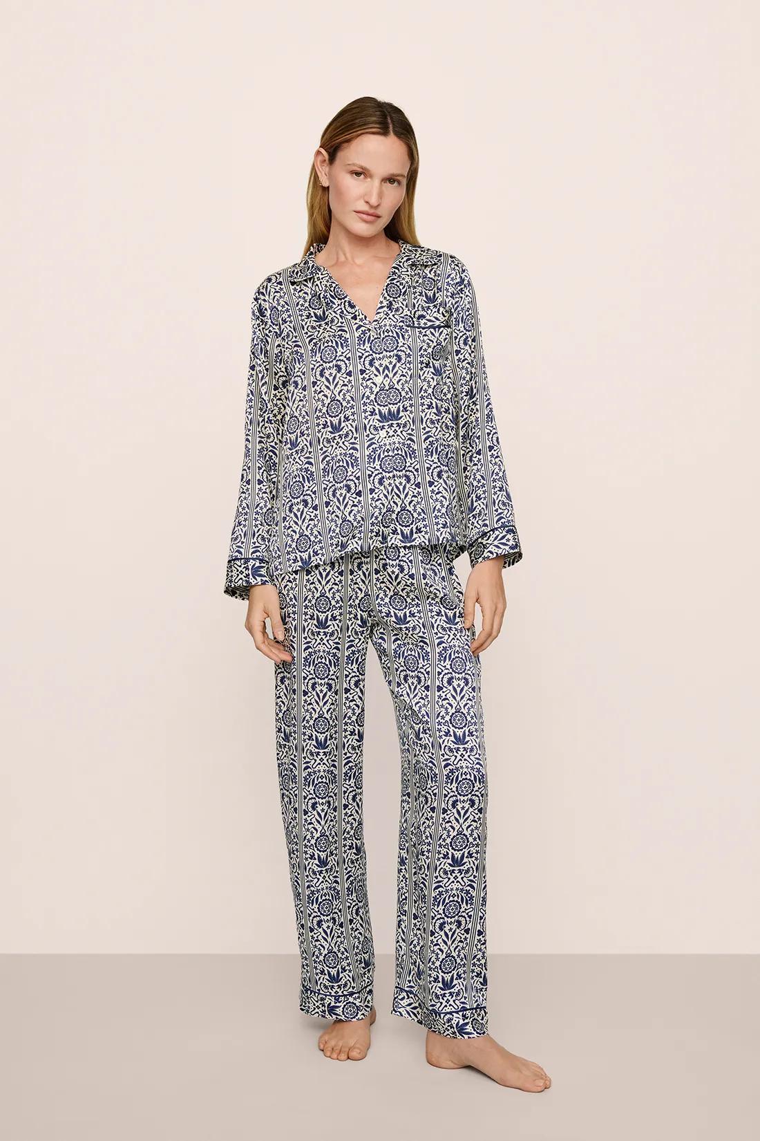 Model is wearing Inez Washable Silk Printed Long PJ Set in Azulejos Navy/Navy