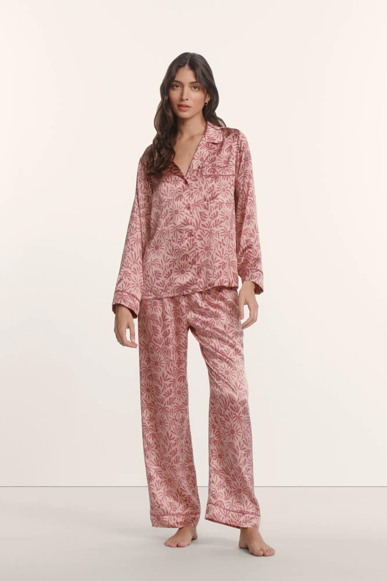 Model is wearing Inez Washable Silk Printed Long PJ Set in Bloomscape Misty Rose/Mesa Rose