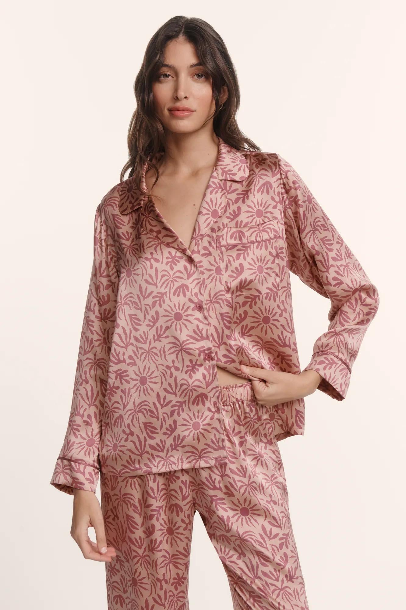 Model is wearing Inez Washable Silk Printed Long PJ Set in Bloomscape Misty Rose/Mesa Rose