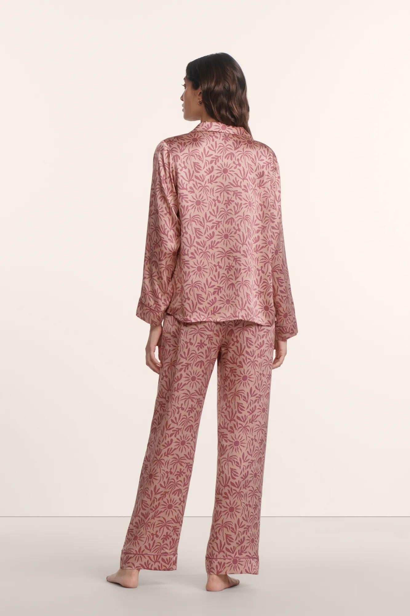 Model is wearing Inez Washable Silk Printed Long PJ Set in Bloomscape Misty Rose/Mesa Rose