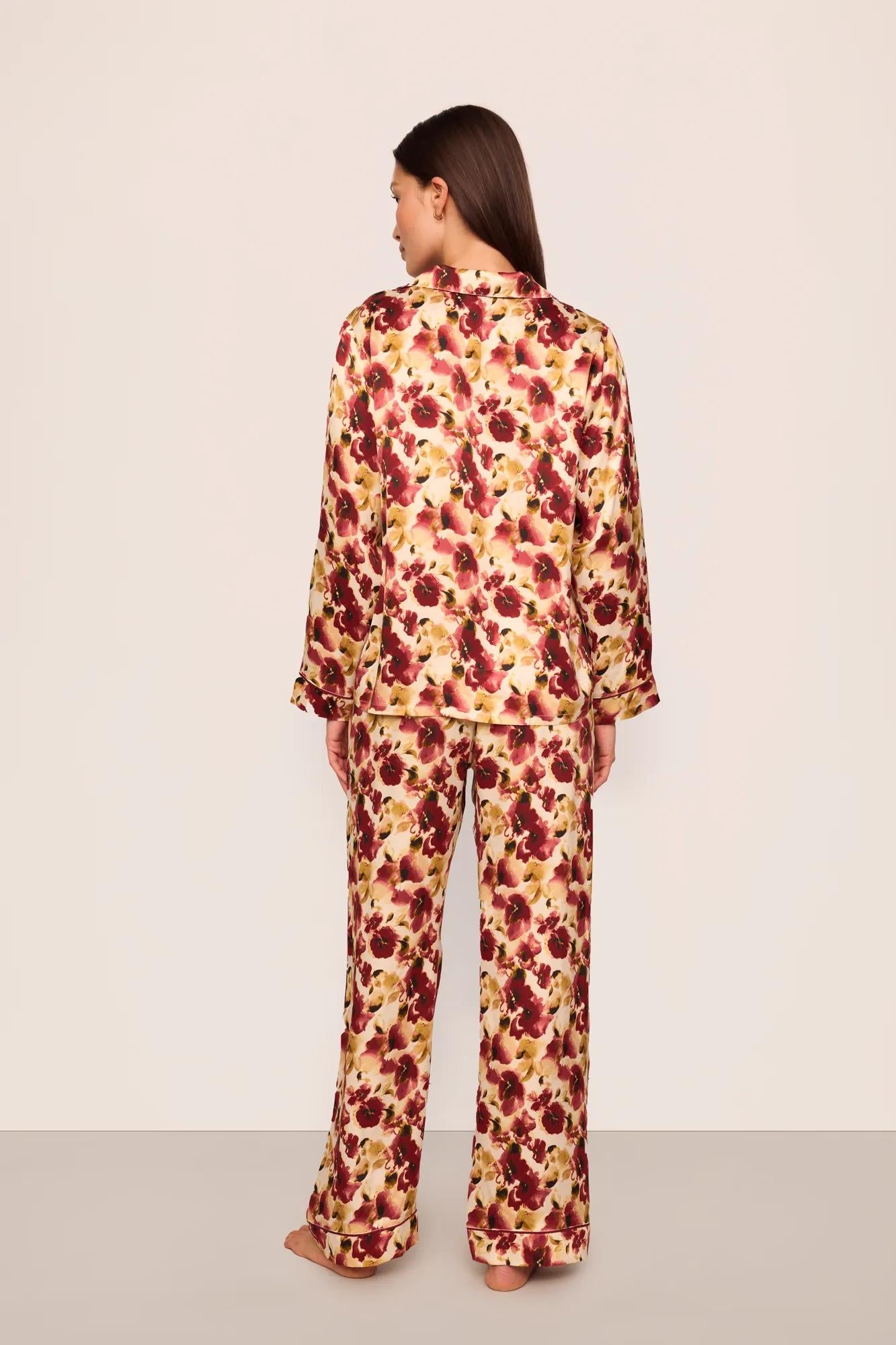 Model is wearing Inez Washable Silk Printed Long PJ Set in Botanical Flower Merlot/Merlot