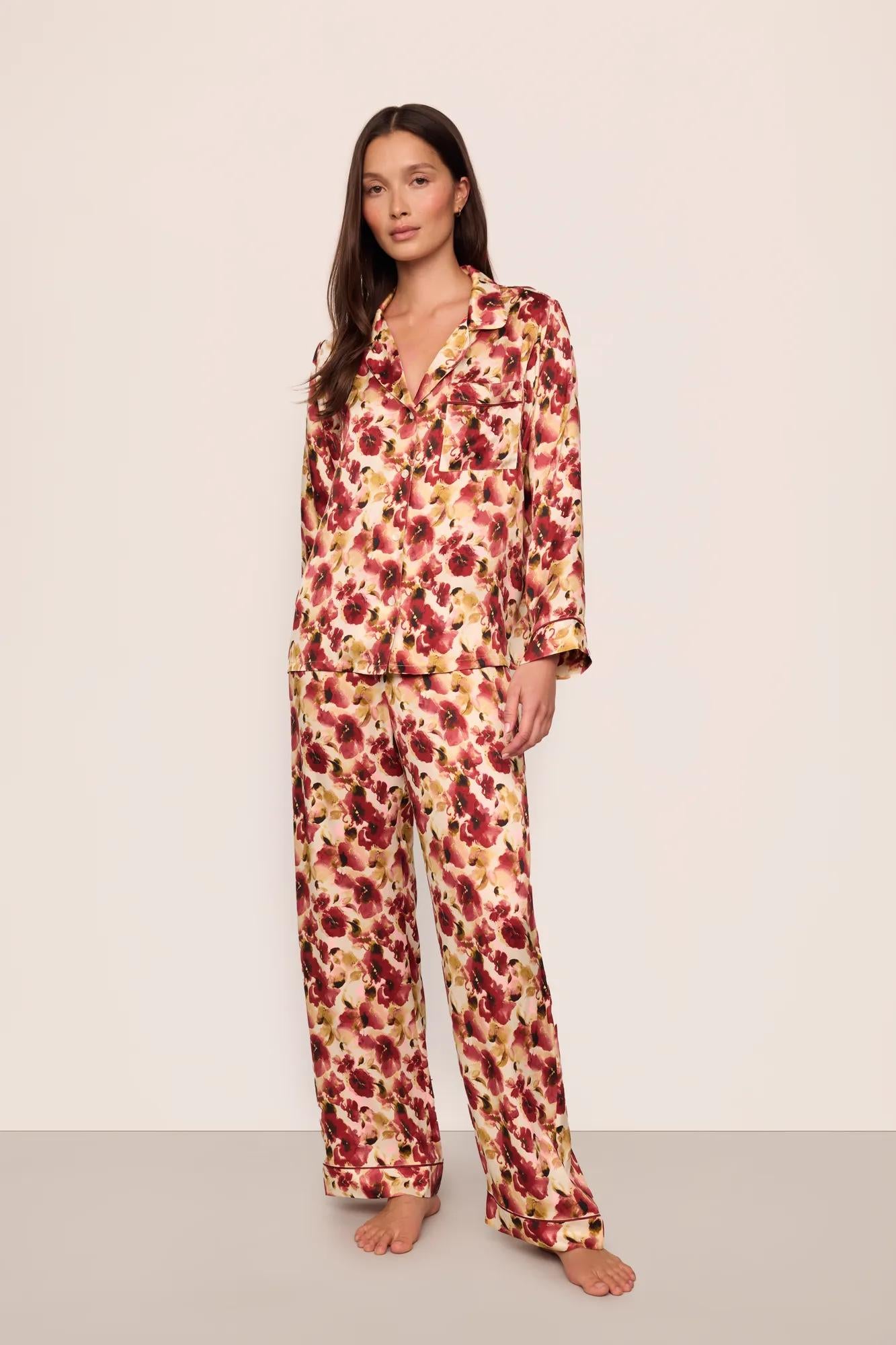 Model is wearing Inez Washable Silk Printed Long PJ Set in Botanical Flower Merlot/Merlot