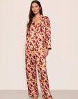 Model is wearing Inez Washable Silk Printed Long PJ Set in Botanical Flower Merlot/Merlot