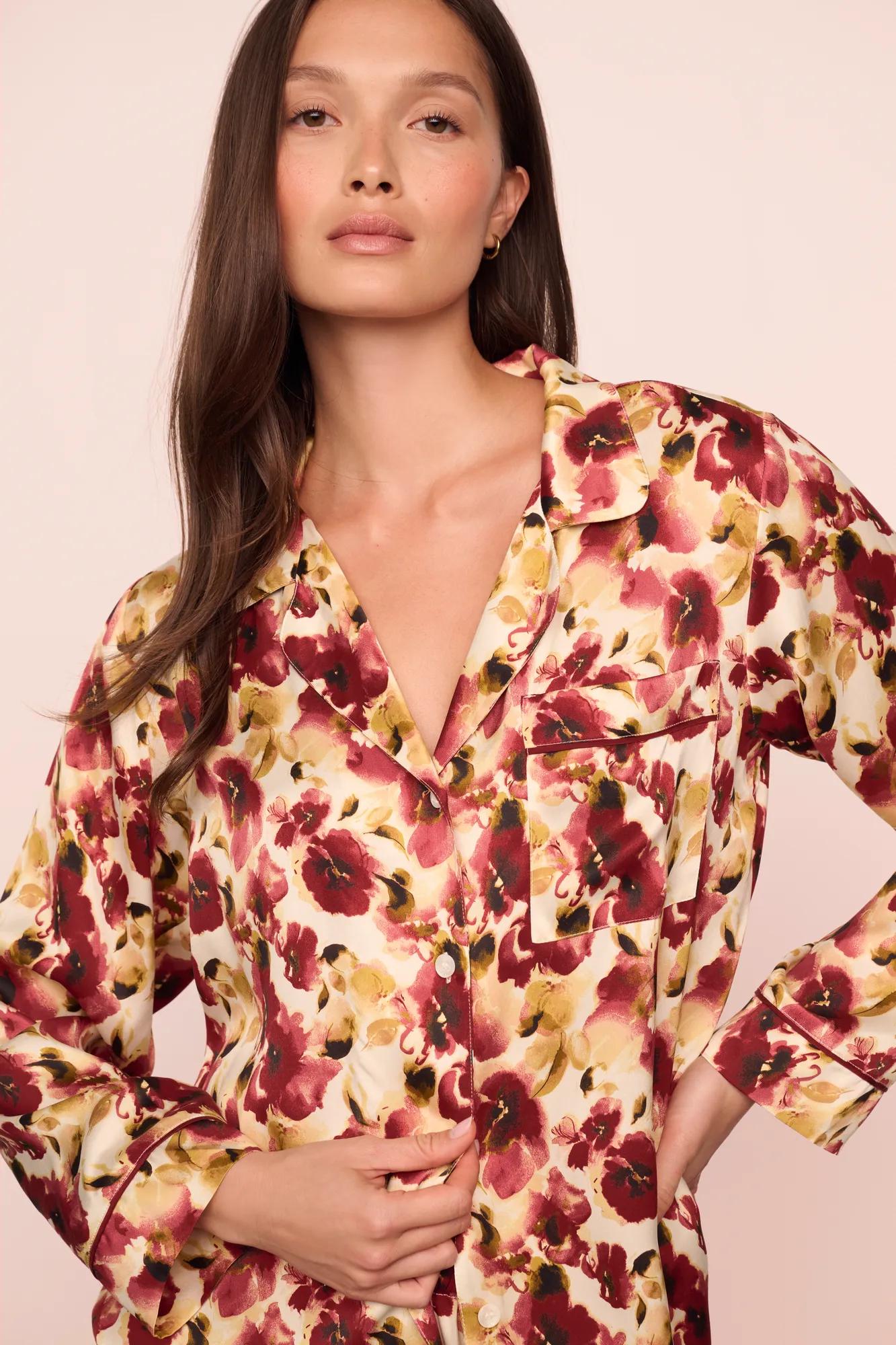 Model is wearing Inez Washable Silk Printed Long PJ Set in Botanical Flower Merlot/Merlot