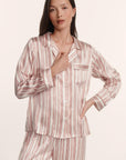 Model is wearing Inez Washable Silk Printed Long PJ Set in Brushstroke Misty Rose/Misty Rose