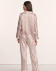 Model is wearing Inez Washable Silk Printed Long PJ Set in Brushstroke Misty Rose/Misty Rose