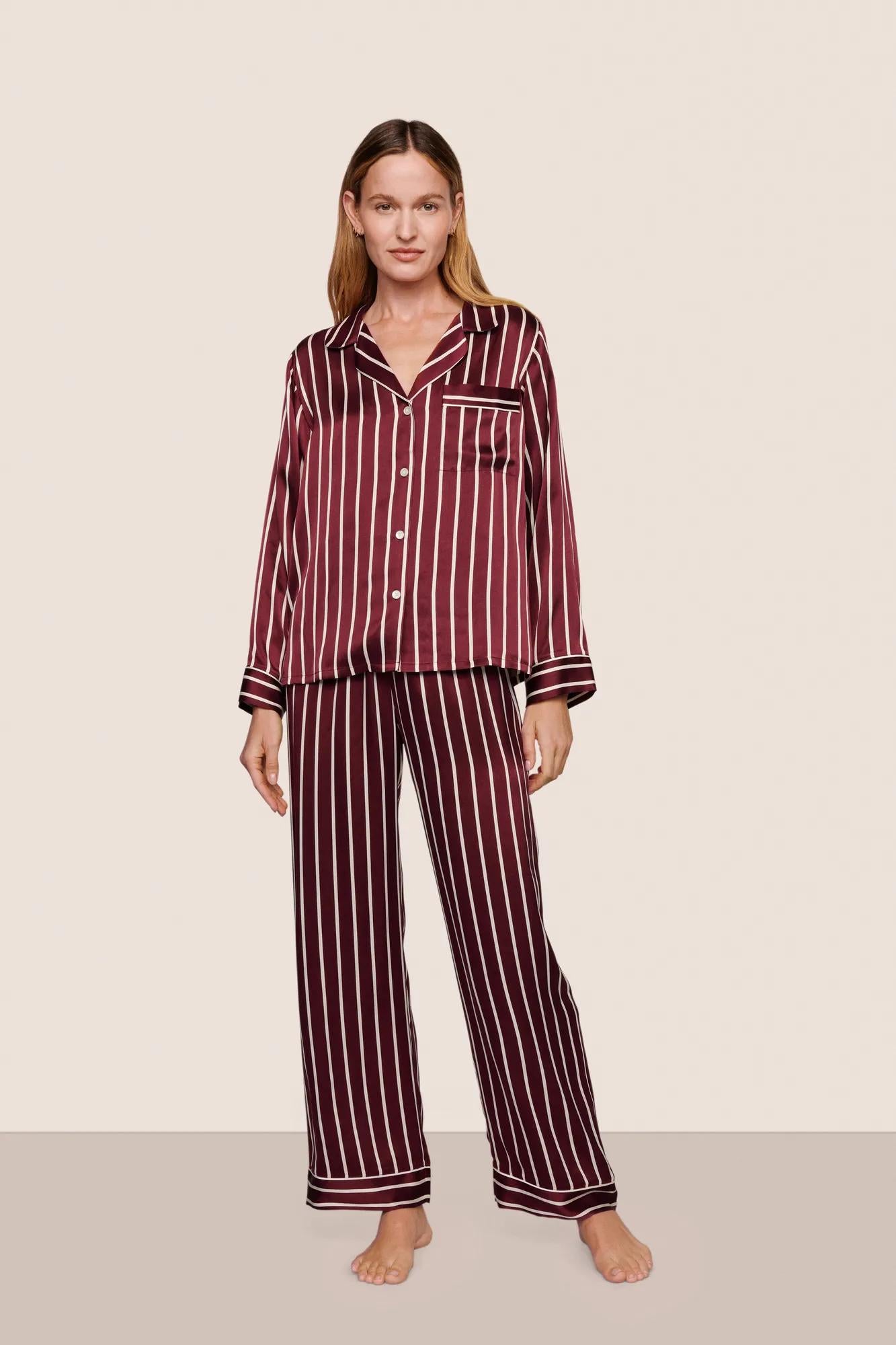 Model is wearing Inez Washable Silk Printed Long PJ Set  in Classic Stripe Bordeaux/Ivory