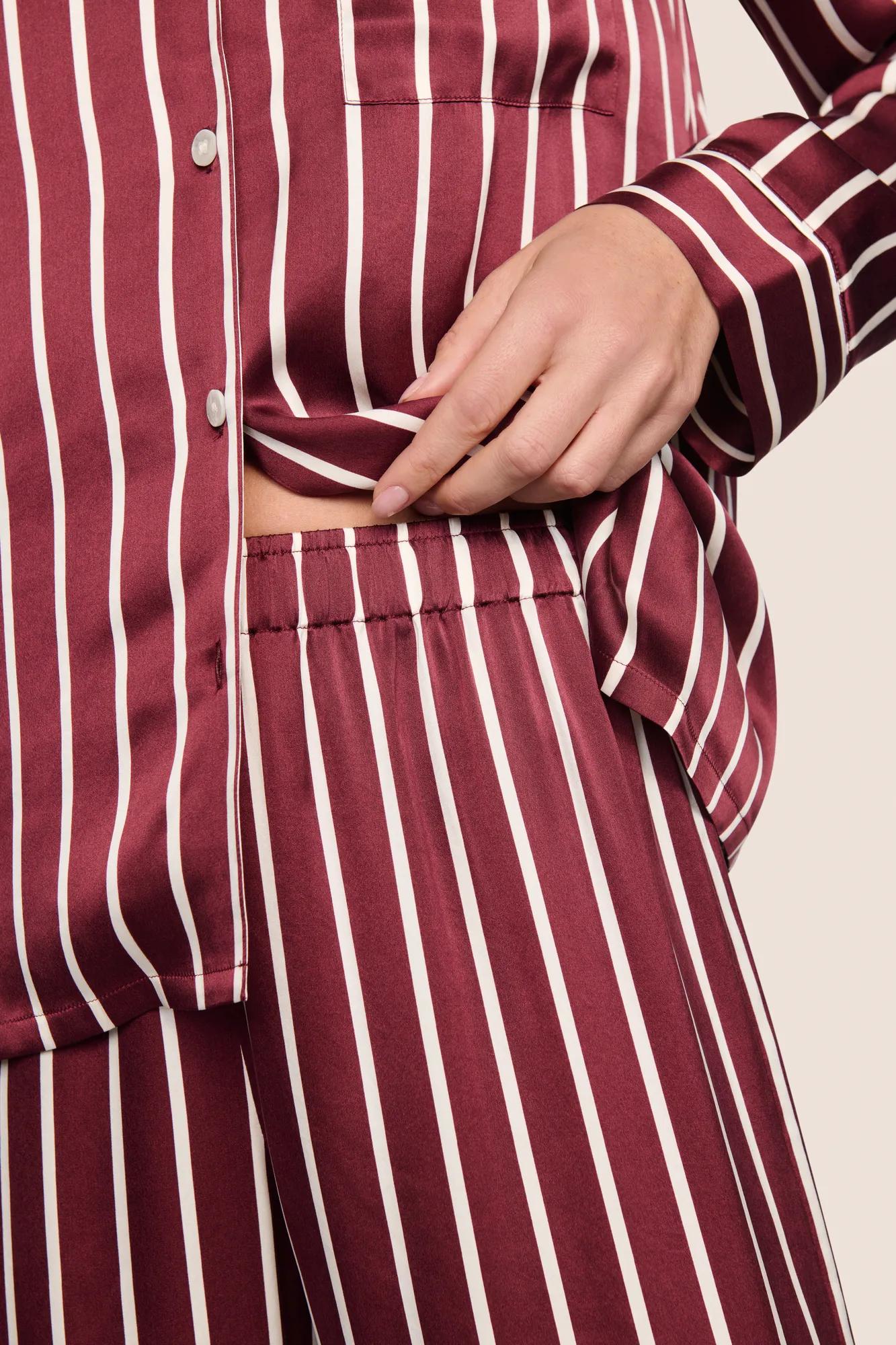 Model is wearing Inez Washable Silk Printed Long PJ Set  in Classic Stripe Bordeaux/Ivory