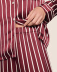 Model is wearing Inez Washable Silk Printed Long PJ Set  in Classic Stripe Bordeaux/Ivory