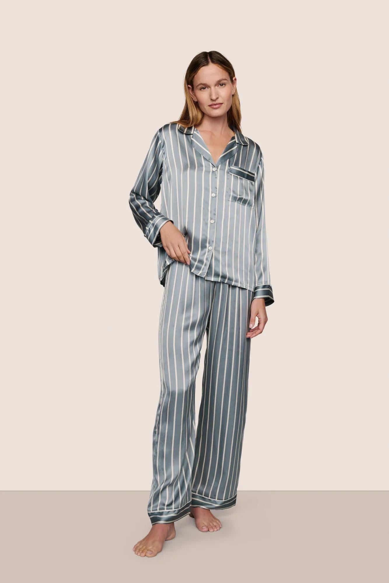 Model is wearing Inez Washable Silk Printed Long PJ Set  in Classic Stripe Lead/Ivory