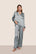 Model is wearing Inez Washable Silk Printed Long PJ Set  in Classic Stripe Lead/Ivory