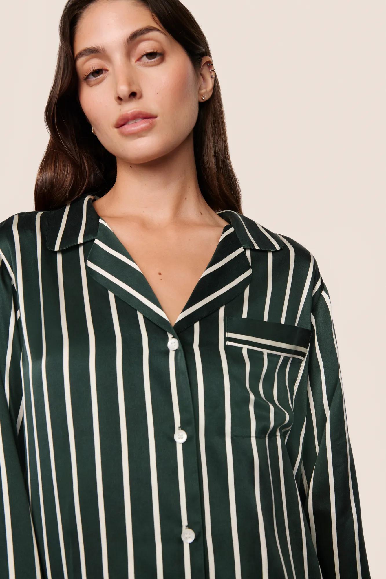 Model is wearing Inez Washable Silk Printed Long PJ Set  in Classic Stripe Pine/Ivory