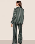 Model is wearing Inez Washable Silk Printed Long PJ Set  in Classic Stripe Pine/Ivory