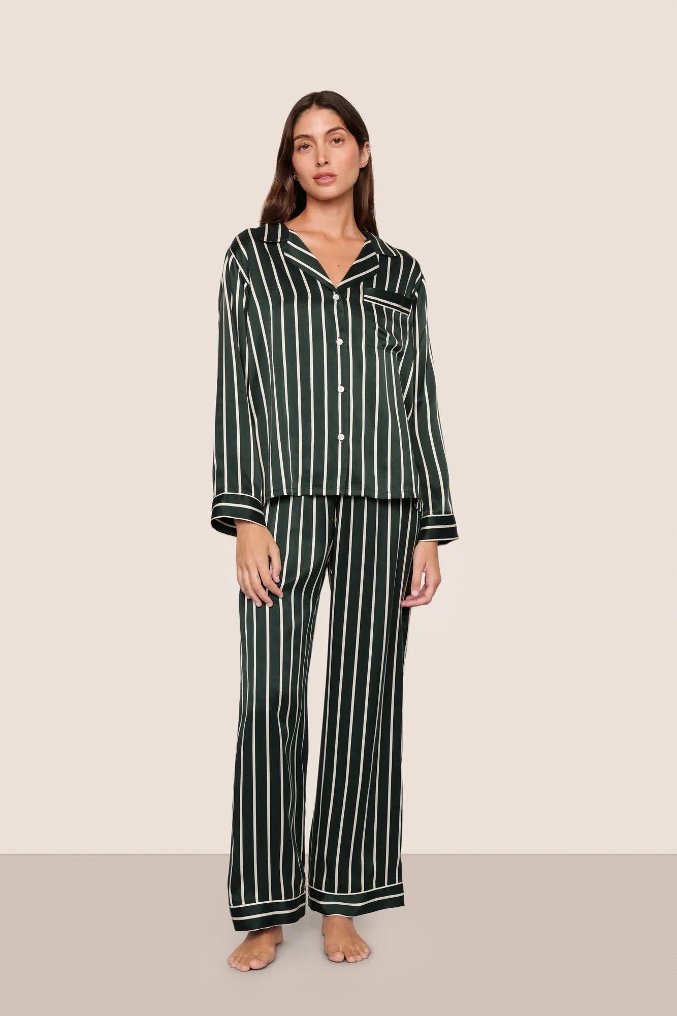 Model is wearing Inez Washable Silk Printed Long PJ Set  in Classic Stripe Pine/Ivory