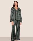 Model is wearing Inez Washable Silk Printed Long PJ Set  in Classic Stripe Pine/Ivory