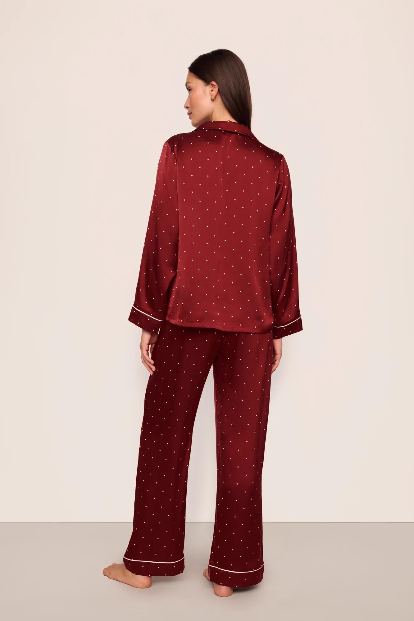 Model is wearing Inez Washable Silk Printed Long PJ Set in Dot Merlot/Ivory