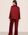 Model is wearing Inez Washable Silk Printed Long PJ Set in Dot Merlot/Ivory