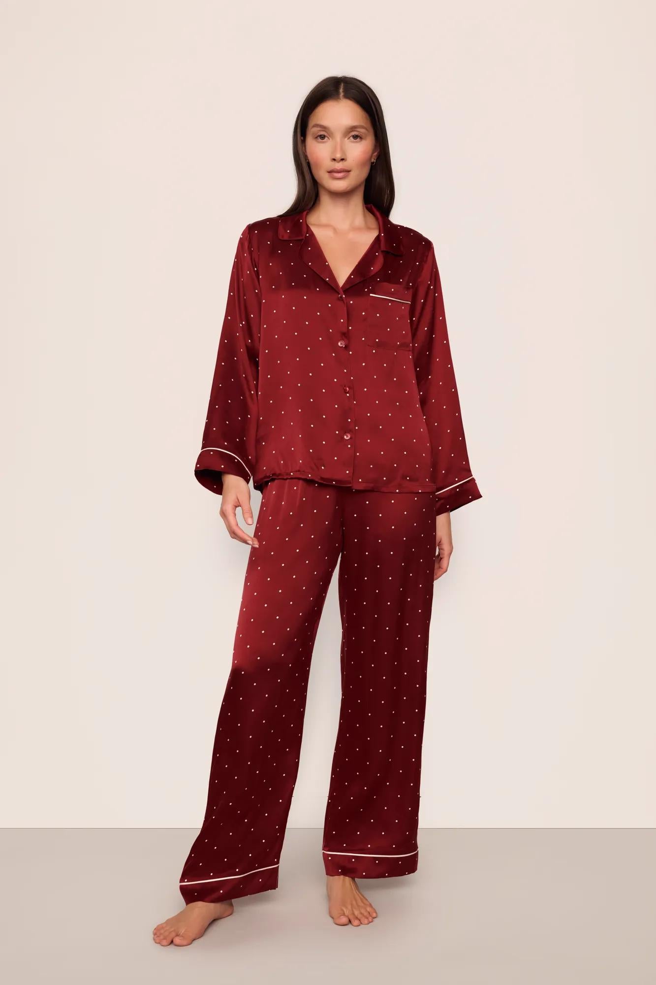 Model is wearing Inez Washable Silk Printed Long PJ Set in Dot Merlot/Ivory