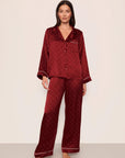 Model is wearing Inez Washable Silk Printed Long PJ Set in Dot Merlot/Ivory