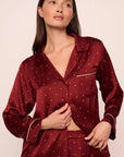 Model is wearing Inez Washable Silk Printed Long PJ Set in Dot Merlot/Ivory