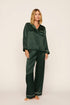 Model is wearing Inez Washable Silk Printed Long PJ Set in Dot Pine/Ivory