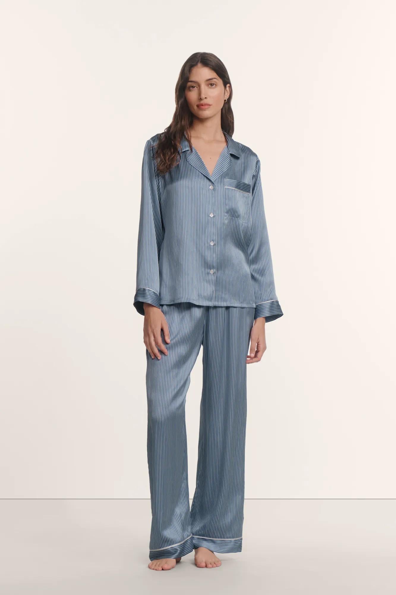 Model is wearing Inez Washable Silk Printed Long PJ Set in Duo Stripe Slate Blue/Ivory