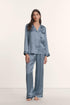 Model is wearing Inez Washable Silk Printed Long PJ Set in Duo Stripe Slate Blue/Ivory