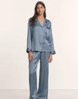 Model is wearing Inez Washable Silk Printed Long PJ Set in Duo Stripe Slate Blue/Ivory