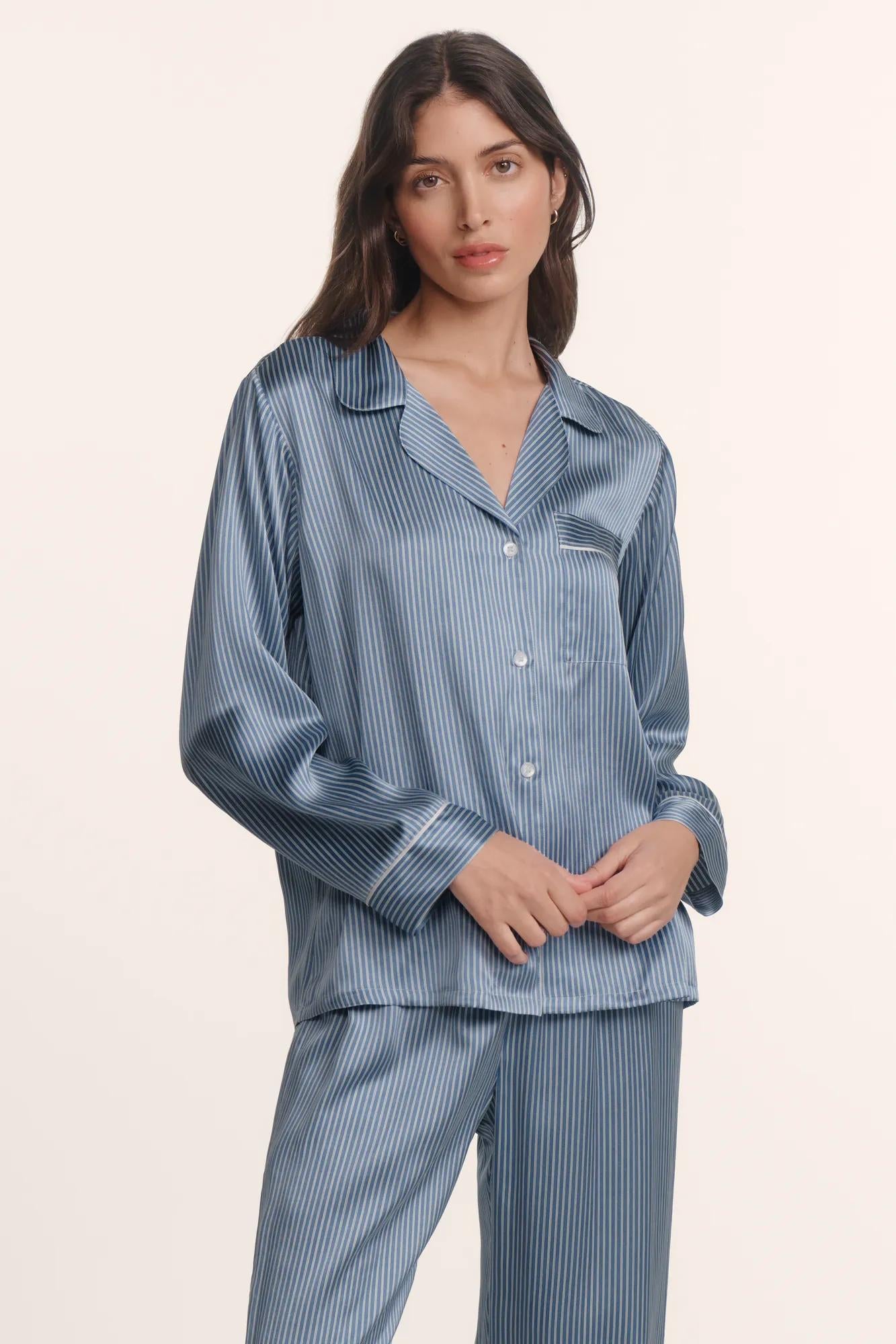 Model is wearing Inez Washable Silk Printed Long PJ Set in Duo Stripe Slate Blue/Ivory