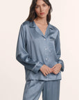 Model is wearing Inez Washable Silk Printed Long PJ Set in Duo Stripe Slate Blue/Ivory