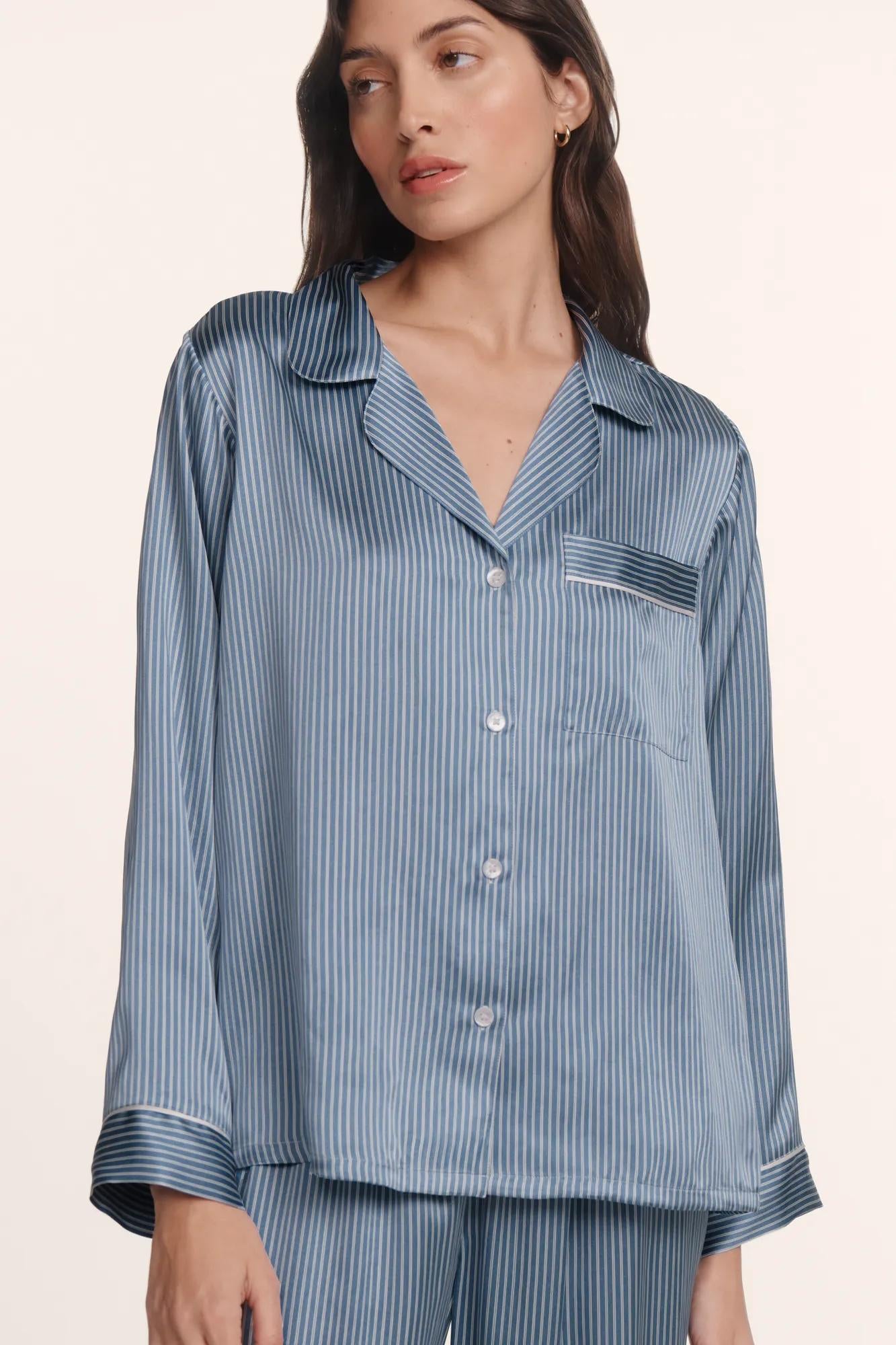 Model is wearing Inez Washable Silk Printed Long PJ Set in Duo Stripe Slate Blue/Ivory