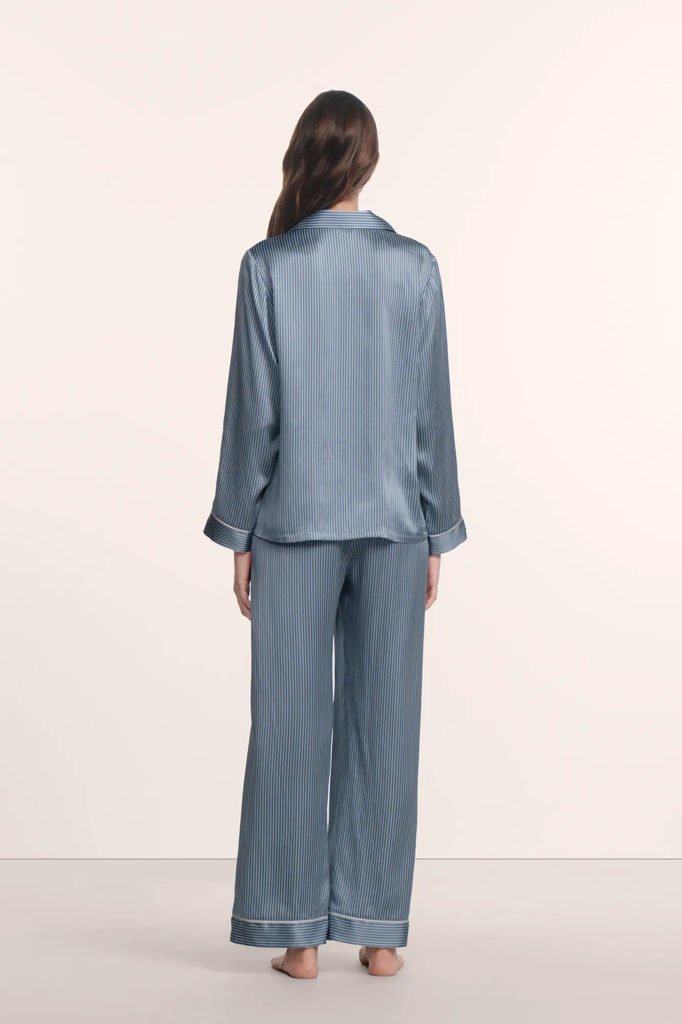 Model is wearing Inez Washable Silk Printed Long PJ Set in Duo Stripe Slate Blue/Ivory
